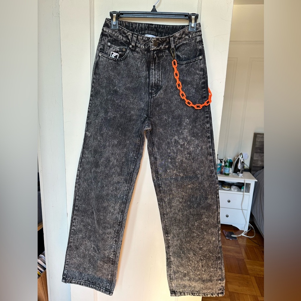 KARL KANI KW213-033 KK OG MOON WASH DENIM WIDE LEG PANTS DARK GREY
